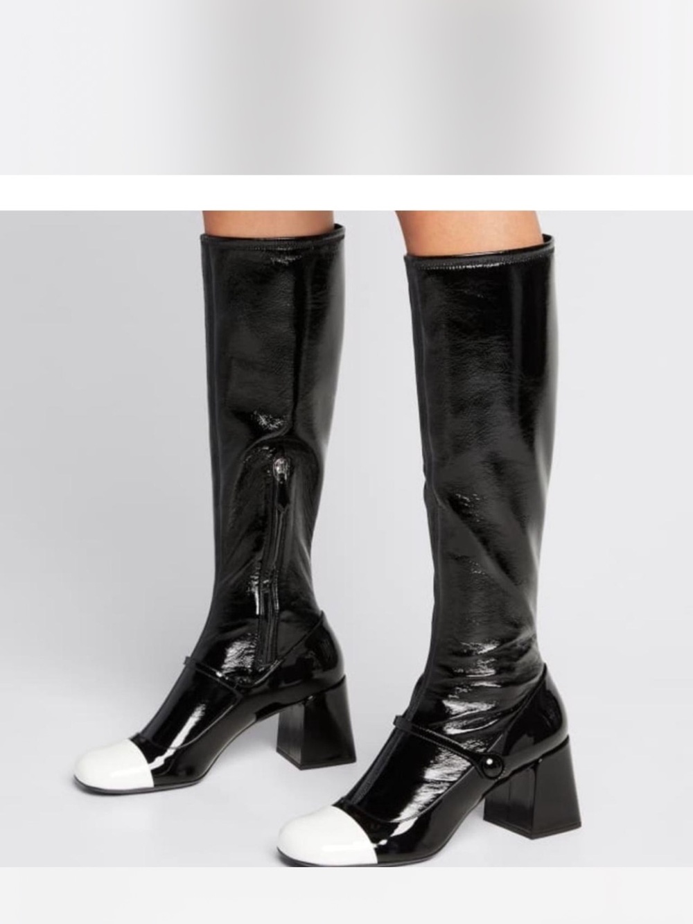Miu Miu Black Patent Knee Boots with Cream Toe Cap